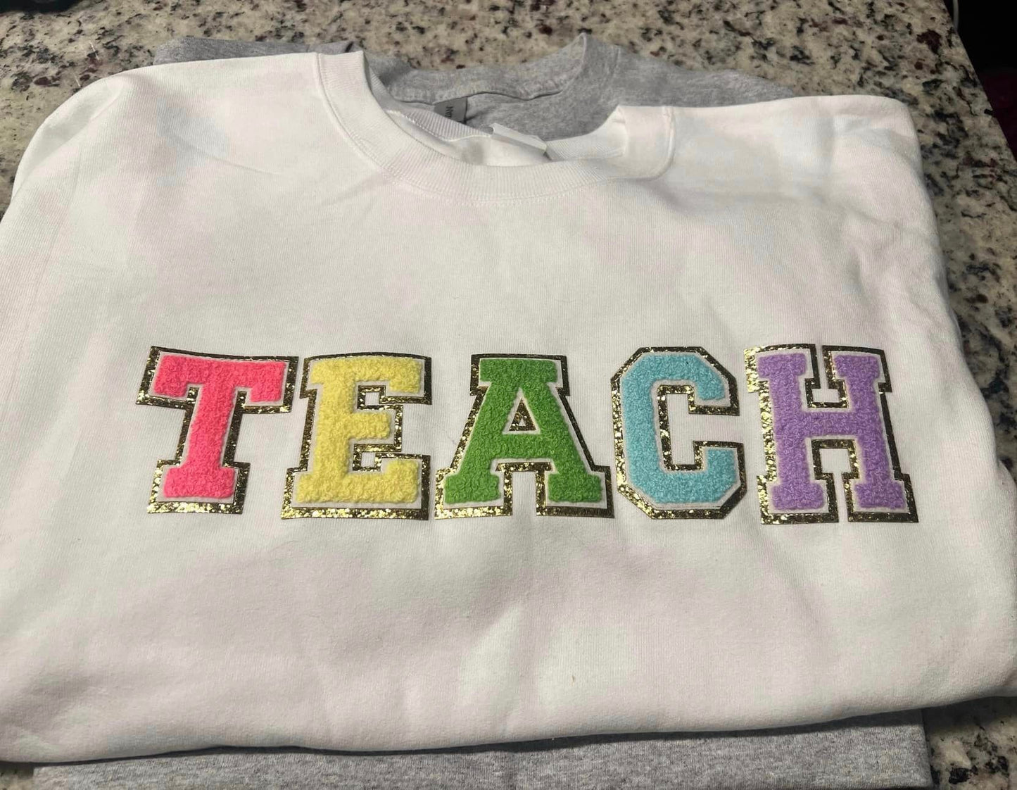 Teach Chenille letter tshirt