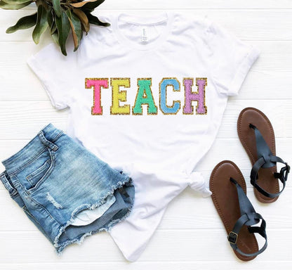 Teach Chenille letter tshirt